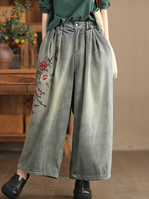 Women Spring Vintage Flower Embroidery Denim Pants