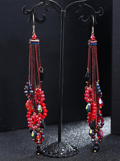 Women Vintage Bead Knitted Tasel Sliver Earrings