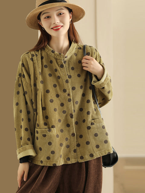 Plus Size Retro Dot Croduroy Stand Collar Shirt Coat