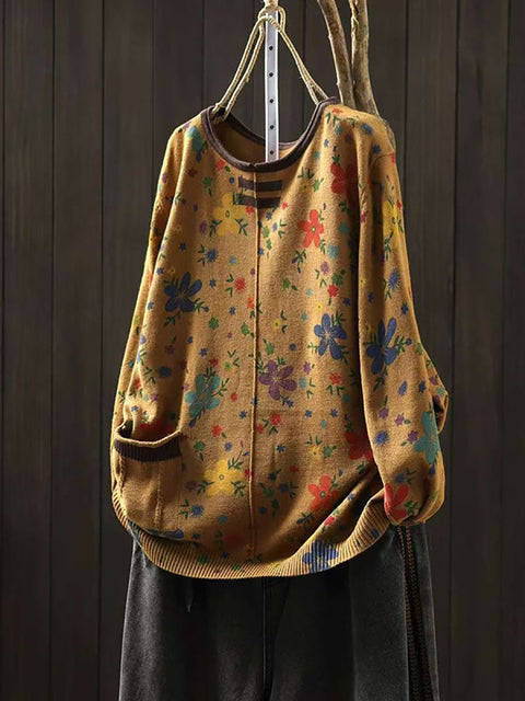 Women Autumn Casual Flower Knit O-Neck Sweater