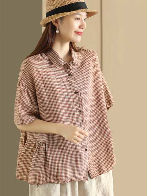 Plus Size Women Summer Casual Plaid Button Cardigan Linen Shirt