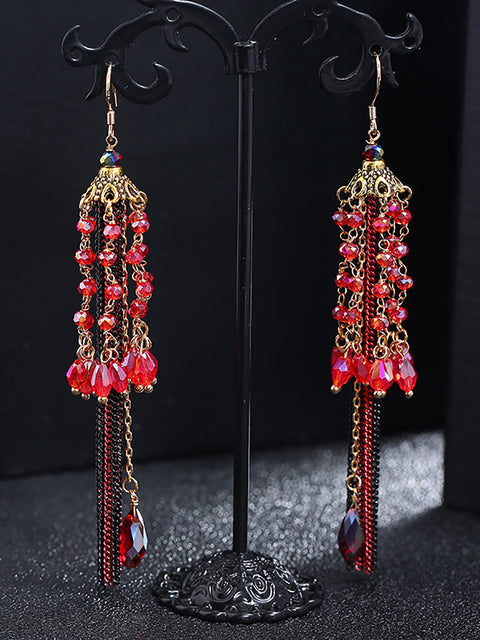 Women Vintage Bead Knitted Tasel Sliver Earrings