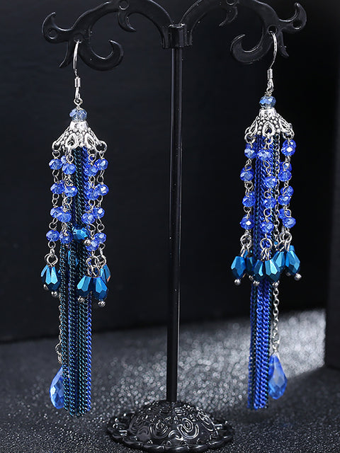 Women Vintage Bead Knitted Tasel Sliver Earrings