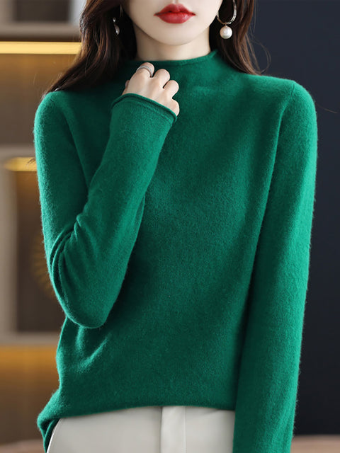 Women Autumn Solid Half High Collar 100%Wool Sweater