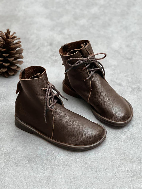 Women Winter Vintage Genuine Leather Drawstring Ankle Boots