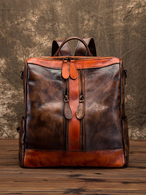 Casual Travel Color Matching Leather Backpack