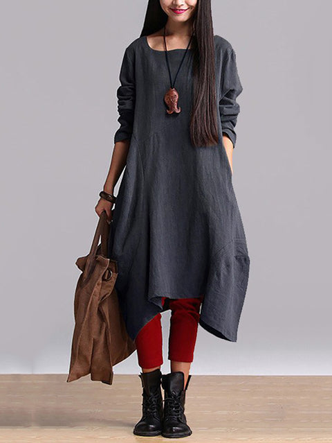 Plus Size Women Autumn Casual Solid Loose Dress