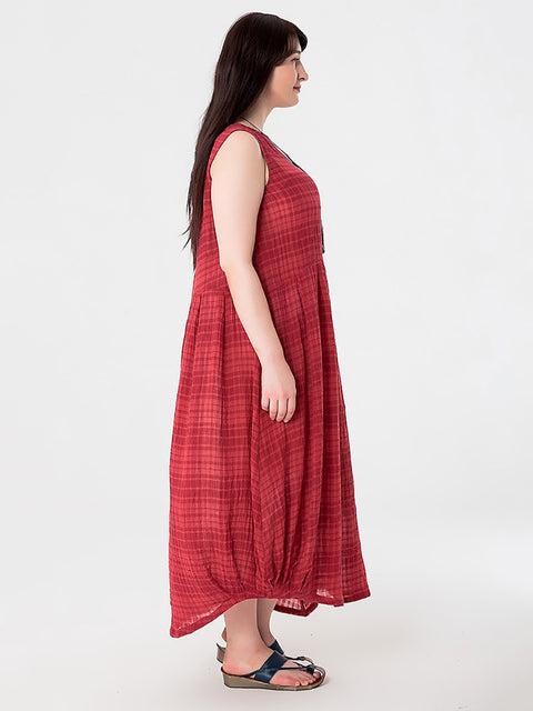 Plus Size Women Summer Plaid Cotton Linen Vest Dress