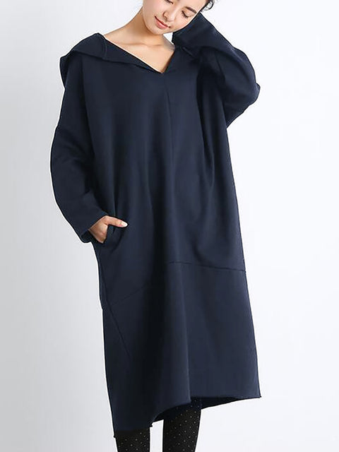 Plus Size Women Casual Pure Color Loose Pocket Hooded Dress