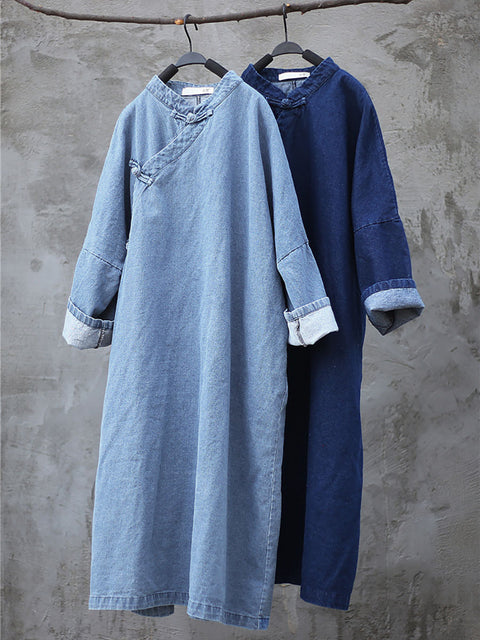 Women Spring Vintage Frog Denim Loose Dress