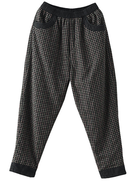 Plus Size Women Cotton Linen Plaid Elastic Waist Pants