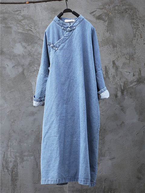 Women Spring Vintage Frog Denim Loose Dress