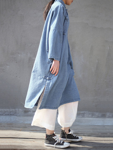 Women Spring Vintage Frog Denim Loose Dress