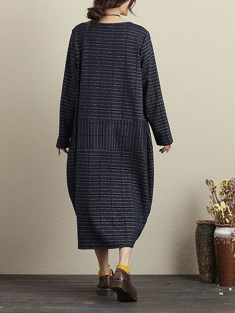 Plus Size Women Spring Casual Stripe Pocket Loose Long Sleeve Dress