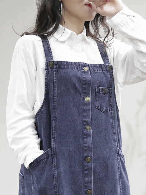 Women Casual Spliced Split Hem Pocket Overall Dress