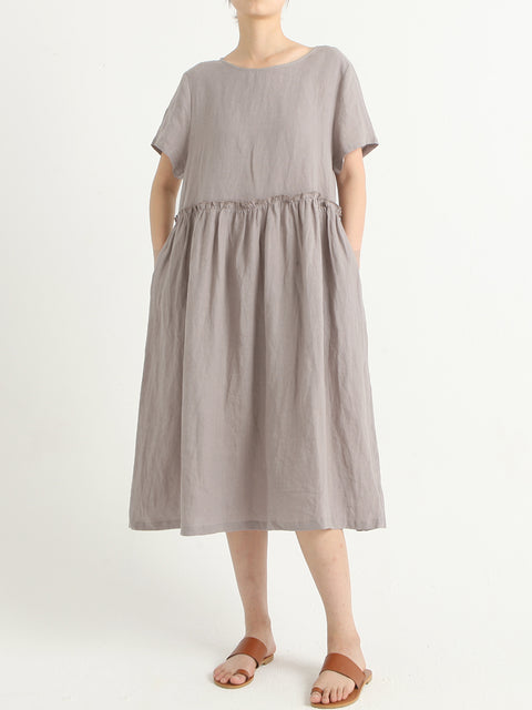 Plus Size Casual Linen Pleated Short Sleeve Summer Dress