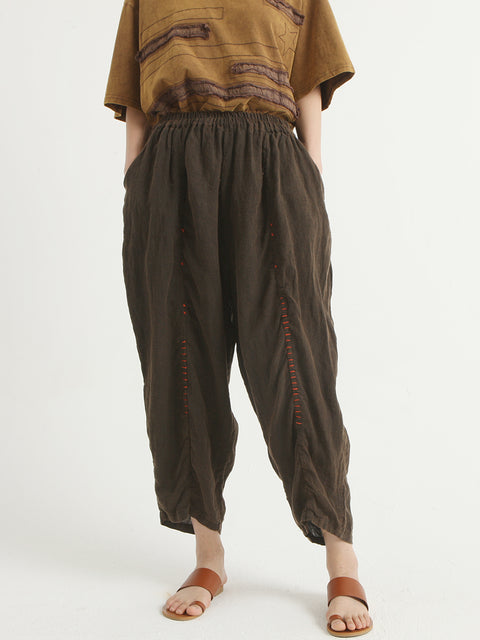 Linen Vintage Women Elastic Waist Loose Pants