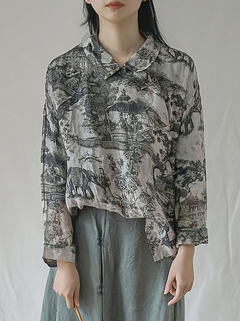 Plus Size Vintage Floral Ramie Autumn Women Loose Shirt