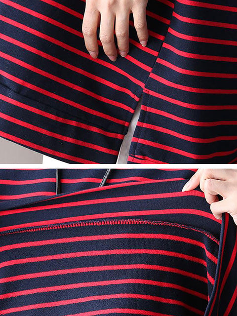 Plus Size Women Loose Striped Cotton Irregular T-shirt