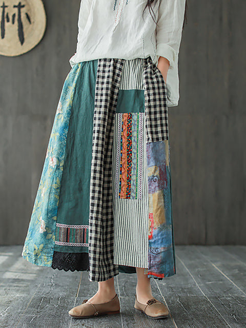 Plus Size  Irregular Print Spliced Casual 100% Linen A-line Skirt