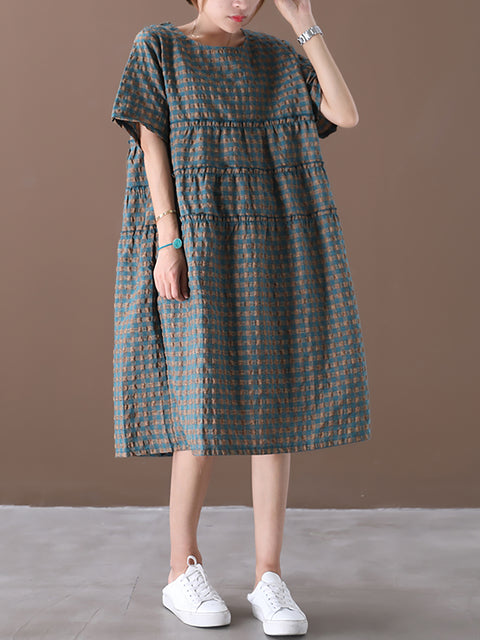 Plus Size Summer Plaid Round Neck Cotton Linen Midi Dress