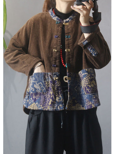 Plus Size Women Flower Patchwork Corduroy Coat