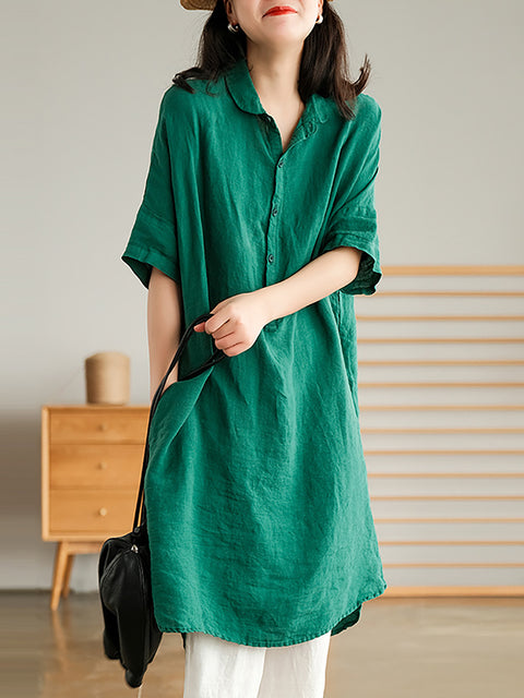 Plus Size Linen Women Casual Pure Color Split Shirt