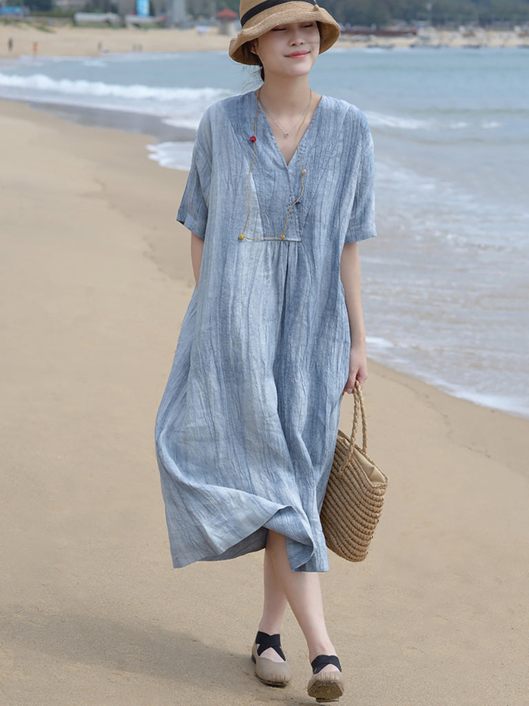 buykud linen dresses Women Summer Print 100%Linen Midi A-Line Dress