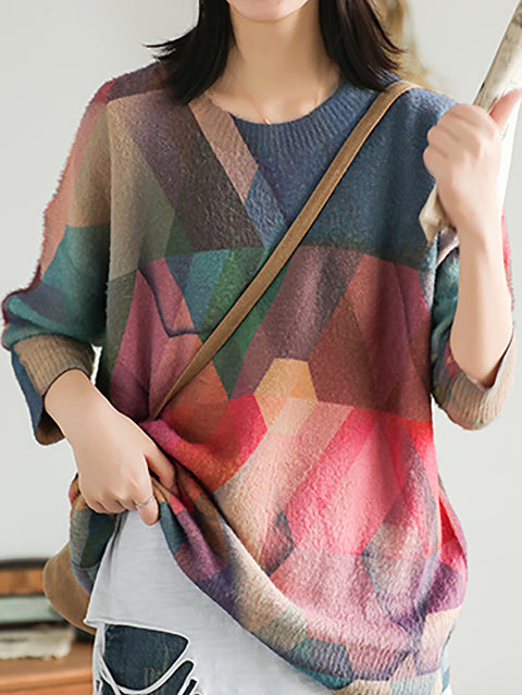 Plus Size Autumn Geometry Vintage Women Loose Sweater