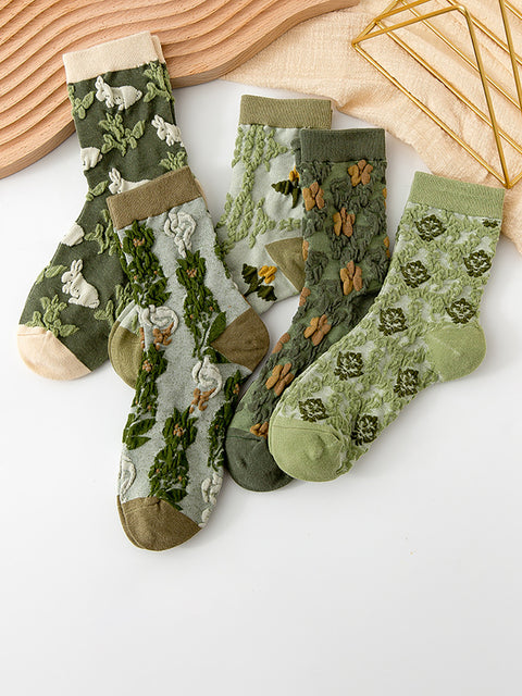 5 Pairs Girls Vintage Floral Court Style Socks