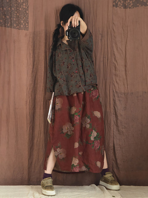 Women Floral Elastic Waist A-Line Skirt