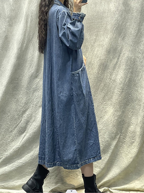 Plus Size Women Spring Retro Pocket Button Loose Denim Dress