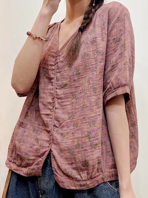 Plus Size Women Summer Floral Casual Button Loose Shirt