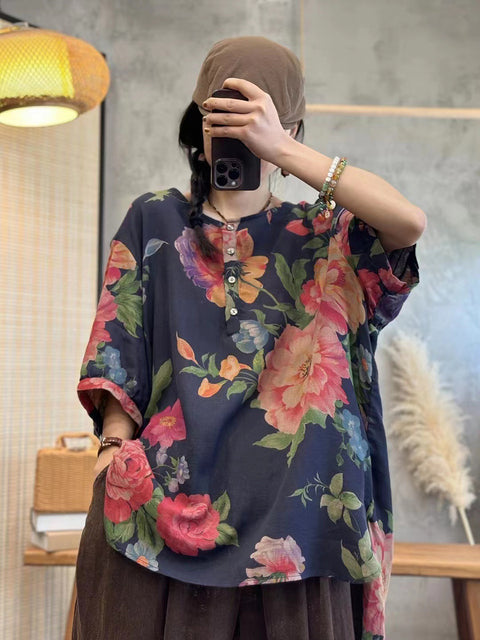 Plus Size Women Summer Casual Flower Button Loose Pullover Shirt