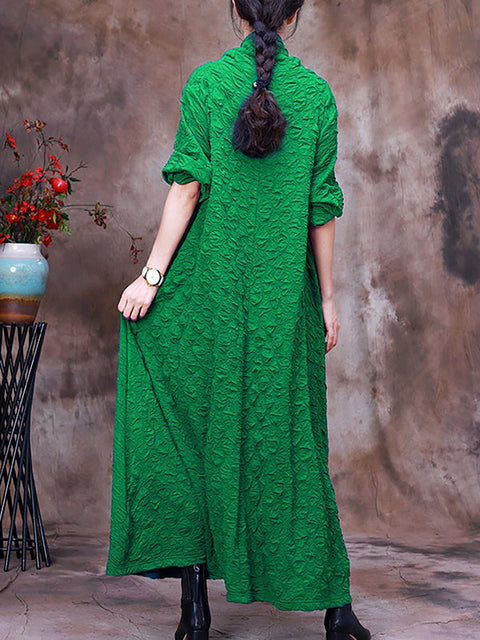 Plus Size Pocket Pleated Long Sleeve Women Maxi Dress