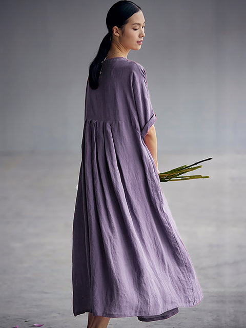 Plus Size Chinese Style Elegant Pleated Loose Linen Dress