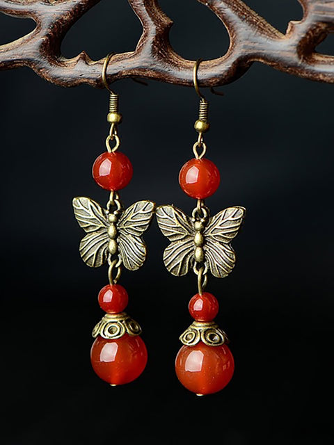 (2 Pairs )Retro Butterfly Red Agate Earrings