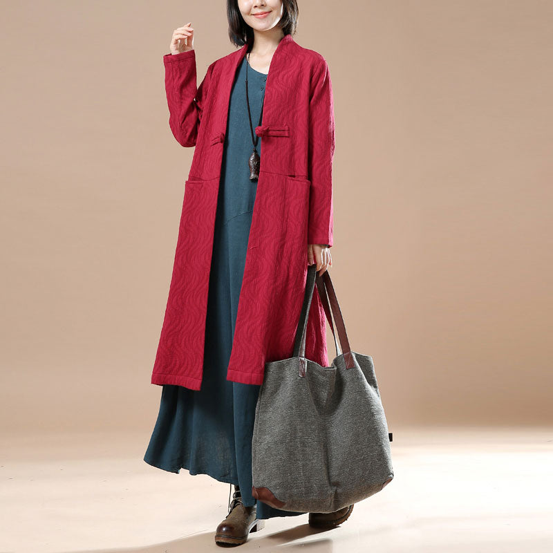 Chic Frog Stand Collar Long Sleeves Literature Red Autumn Women Dress - Buykud