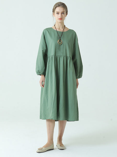 Plus Size Linen Cotton Pleated Spring Long Sleeve Dress