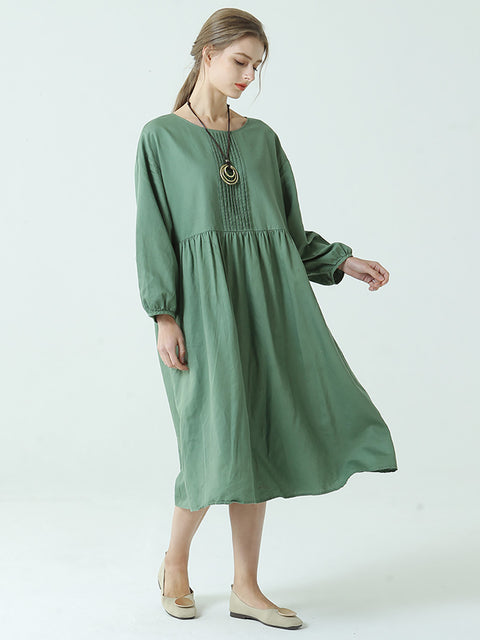 Plus Size Linen Cotton Pleated Spring Long Sleeve Dress