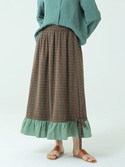 Plus Size Spring Elastic Waist Plaid Loose Vintage Long Skirt M-2XL