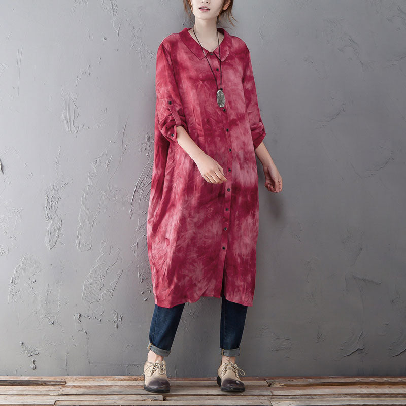 Single Breasted Long Sleeve Red Printed Shirt Dress - Buykud