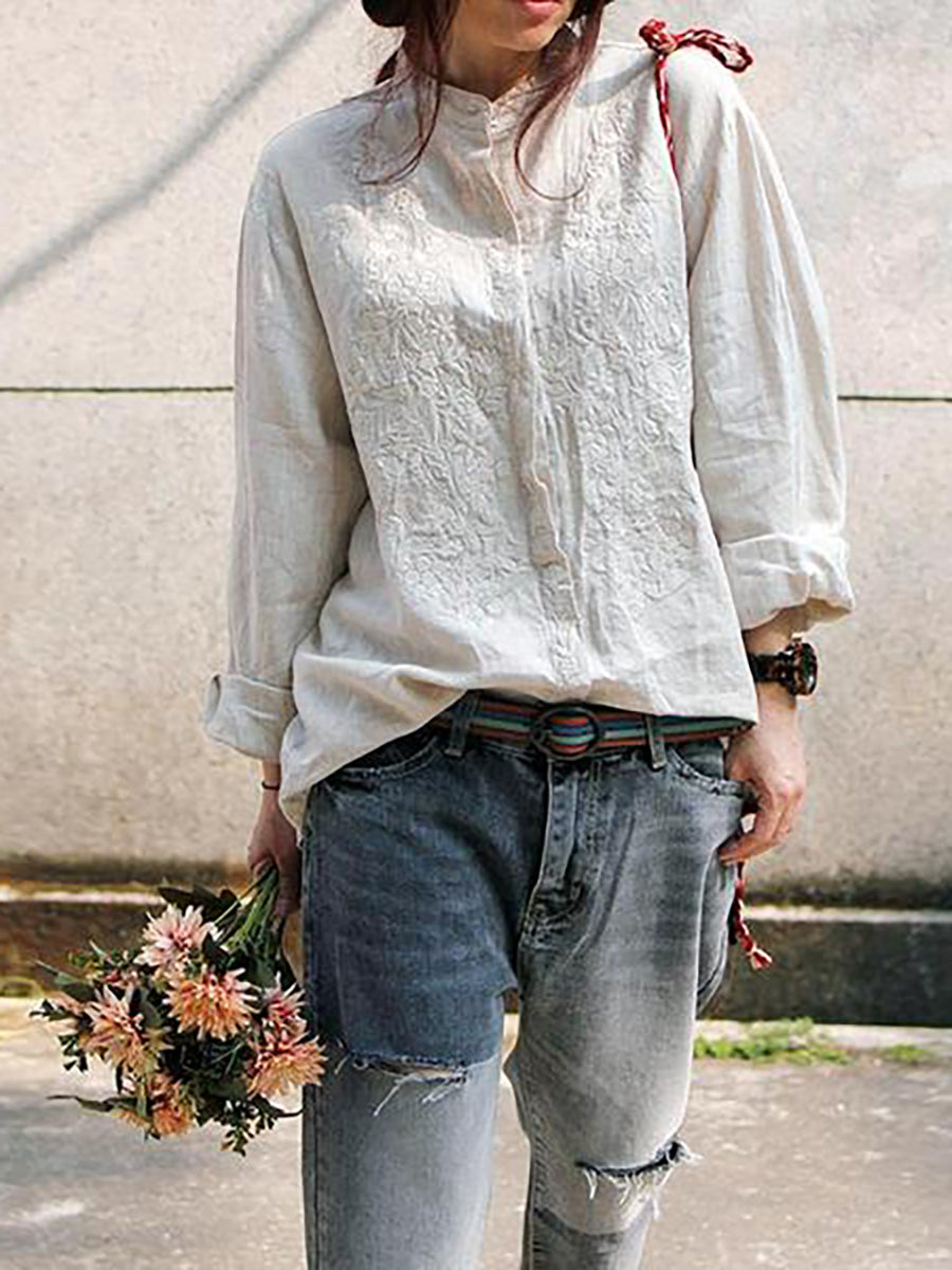 Plus Size Women Retro Embroidered Loose 100 Linen Shirt BUYKUD