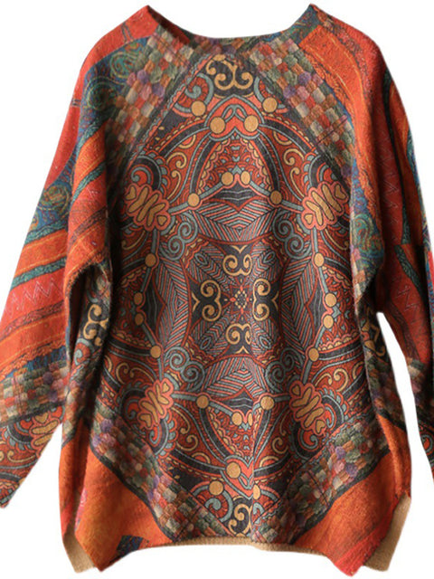 Plus Size Women Vintage Printed O Neck Long Sleeve Sweater