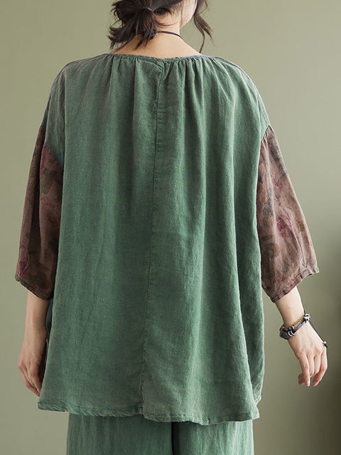 Linen Vintage Drop Shoulder Patchwork Women Loose T Shirt